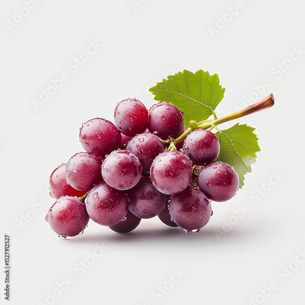 Fototapeta Fresh bunch of red grapes with green leaf on white background, showcasing natural freshness and vibrant colors.
