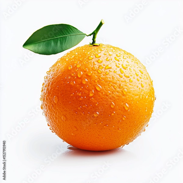 Fototapeta Fresh orange with dewdrops and green leaf on white background, highlighting its vibrant color and juicy texture.