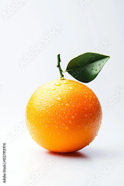 Fototapeta Fresh orange with green leaf on white background, covered in water droplets for a refreshing look.