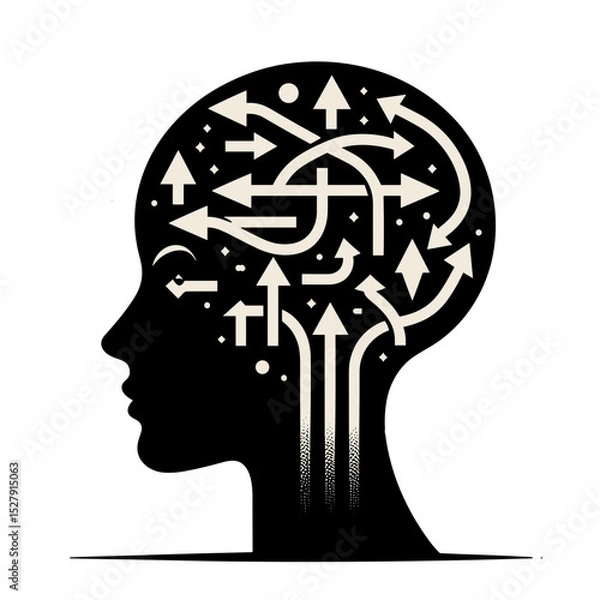 Fototapeta Silhouette of a human head on a transparent background with several arrows pointing in different directions, concept of choice and intelligence