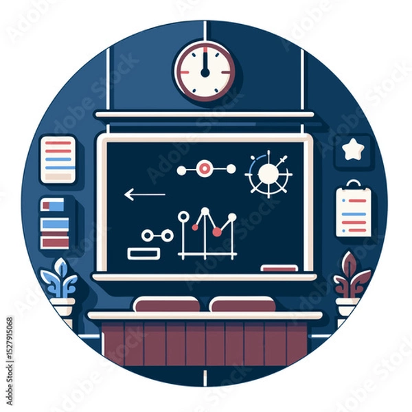 Obraz Icon of a classroom with a blackboard, mathematical graphs, and educational elements in a circular design
