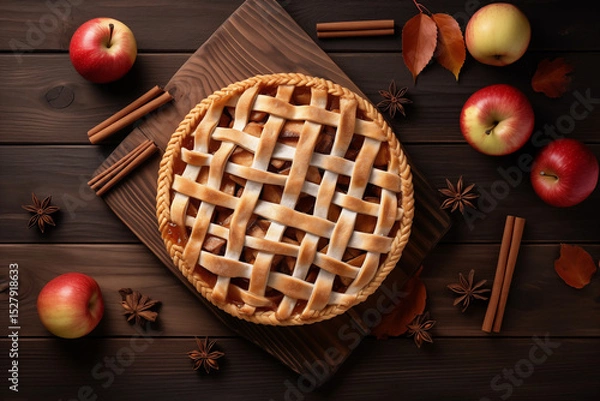 Obraz Tarte aux pommes maison sur planche en bois avec bâtons de cannelle, anis étoilé et pommes entières, ambiance automnale rustique