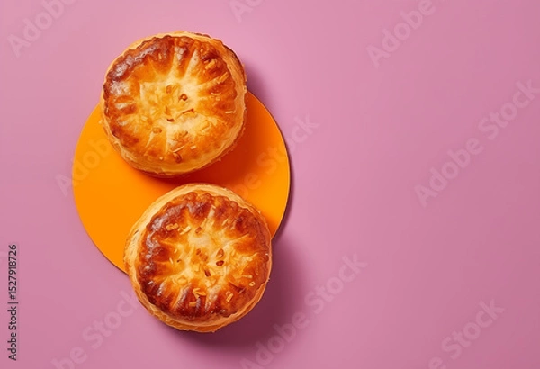 Obraz Deux ruddy potato pies dorés sur petite assiette orange posée sur fond rose uni, composition minimaliste en vue du dessus pour design culinaire contrasté