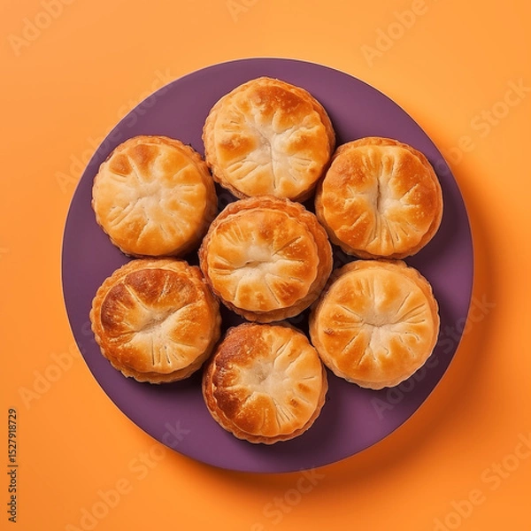 Obraz Assiette violette remplie de petits chaussons dorés à la pomme de terre (ruddy potato pie) sur fond orange uni, vue du dessus avec composition graphique appétissante