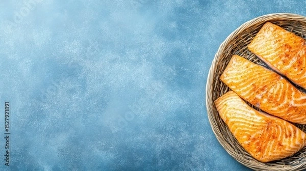 Fototapeta Salmon Fillets in Wooden Bowl: Four succulent salmon fillets, glistening with a rich orange hue, rest in a rustic wooden bowl against a calming blue backdrop.