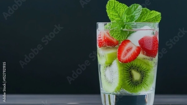 Fototapeta Refreshing Fruity Beverage: A vibrant glass of ice-cold drink, bursting with fresh kiwis, ripe strawberries, and fragrant mint, offers a tantalizing glimpse of summer relaxation.