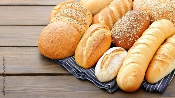 Fototapeta Assortment of Artisan Bread: A rustic collection of freshly baked artisan bread, displaying a variety of shapes, textures, and golden-brown hues, arranged on a wooden surface.