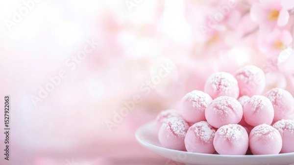 Fototapeta Pink Delight: A visually pleasing composition showcasing a stack of dainty pink confectionery treats on a white plate, set against a soft-focus backdrop of blossoming flora.
