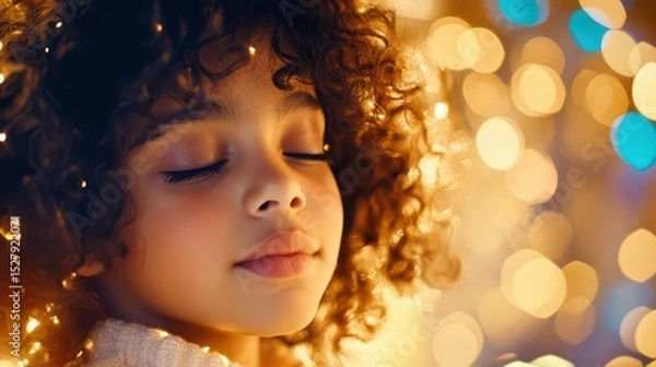 Fototapeta Peaceful Child: A young girl with curly hair closes her eyes peacefully, bathed in the warm glow of soft bokeh lights. The image evokes a sense of serenity and calm.