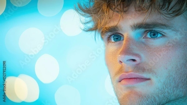 Fototapeta Intense Focus: A close-up shot of a handsome male with striking blue eyes, his gaze fixed with intense focus. The cool blue and bokeh lighting create an atmosphere of introspection and depth.
