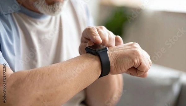Fototapeta A senior man adjusts a smartwatch on his wrist, highlighting the intersection of technology and daily life.