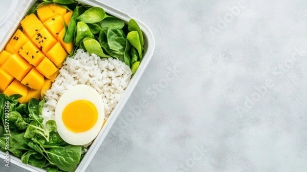 Fototapeta Freshness in a Bento Box: A vibrant assortment of ingredients, featuring juicy mango, fluffy rice, crisp spinach, and a perfectly boiled egg, artfully arranged in a bento box, presenting a healthy.