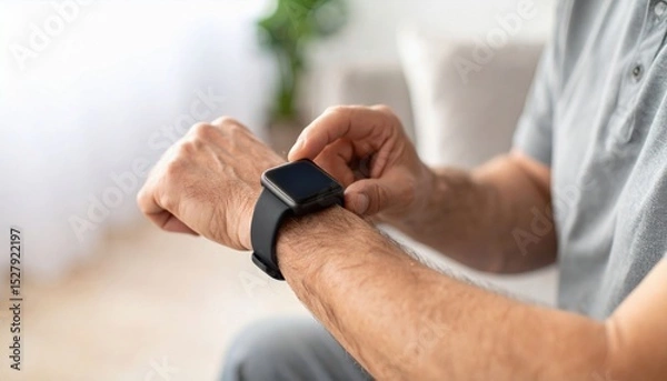 Fototapeta A person interacts with a smartwatch on their wrist, showcasing modern technology in a comfortable indoor setting.