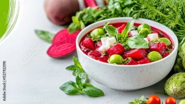 Fototapeta Vibrant Beetroot Delight: A captivating close-up of a hearty, freshly prepared beetroot soup, adorned with fresh ingredients, embodying the essence of a healthy and flavorful dish.