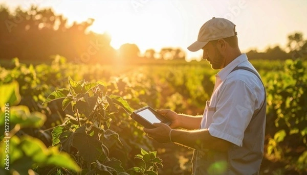 Fototapeta A farmer uses a tablet in a sunlit field, showcasing the integration of technology in agriculture.