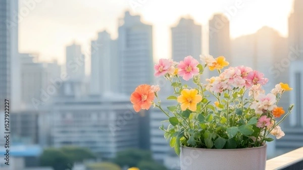 Fototapeta Urban Bloom: A vibrant collection of flowers blooms in a pot, with the cityscape as a backdrop, capturing nature's beauty in an urban environment, with a warm, inviting color palette.