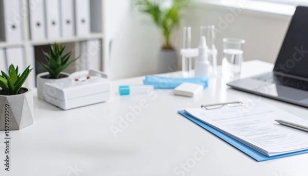 Fototapeta A modern workspace featuring plants, a laptop, stationery, and wellness items, creating an organized and inviting environment.