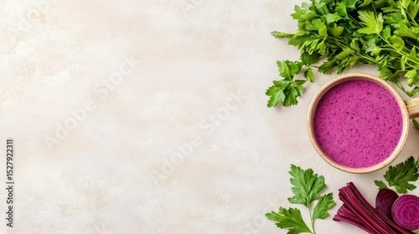 Fototapeta Beetroot Smoothie Delight: A vibrant top-down shot showcasing a freshly made beetroot smoothie beside raw beet, capturing the essence of freshness.