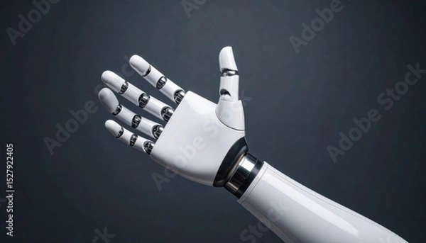 Fototapeta A futuristic robotic hand elegantly displayed against a dark background, showcasing advanced technology and design in robotics.