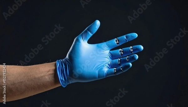 Fototapeta A gloved hand extends against a dark background, showcasing a blue latex glove, often used in medical or laboratory settings for cleanliness and protection.