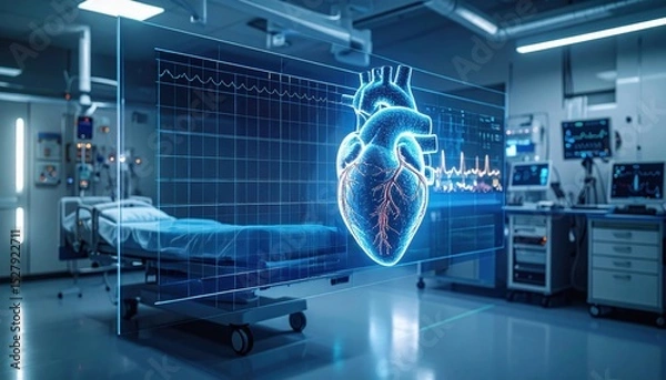 Fototapeta A futuristic hospital room displays a digital heart model and vital signs, showcasing advanced medical technology and patient care.