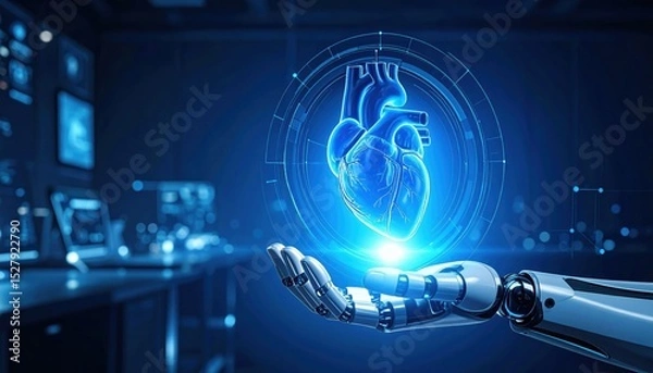 Fototapeta A futuristic robotic hand holds a glowing digital heart, symbolizing the intersection of technology and human emotion.
