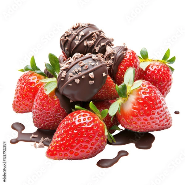 Fototapeta Chocolate-Covered Strawberry Temptation: A visually stunning arrangement of fresh, ripe strawberries, decadently coated in rich, dark chocolate, with chocolate shavings.