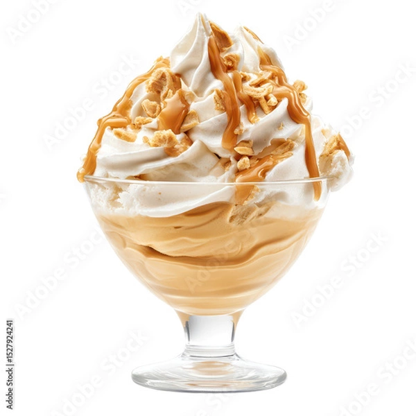 Fototapeta Dessert Delight: A glass cup filled with layers of ice cream, generously drizzled with caramel and topped with crunchy nuts.