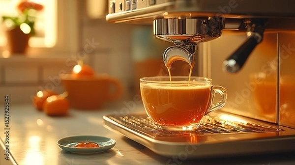 Fototapeta Espresso Brewing Process Golden Light Illuminates a Glass Cup Filling With Coffee From a Modern Machine Device  Brewing Process Detail Showing Coffee From A Modern Machine Pouring Coffee Into A Glass