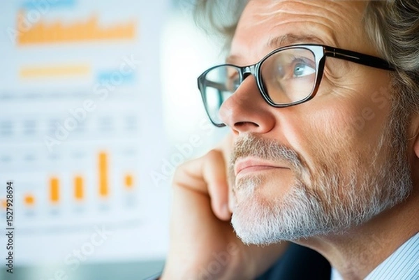Fototapeta Introspective Executive: A close-up portrait captures a focused executive, eyeglasses perched on his nose, contemplating data and charts reflecting on goals. 