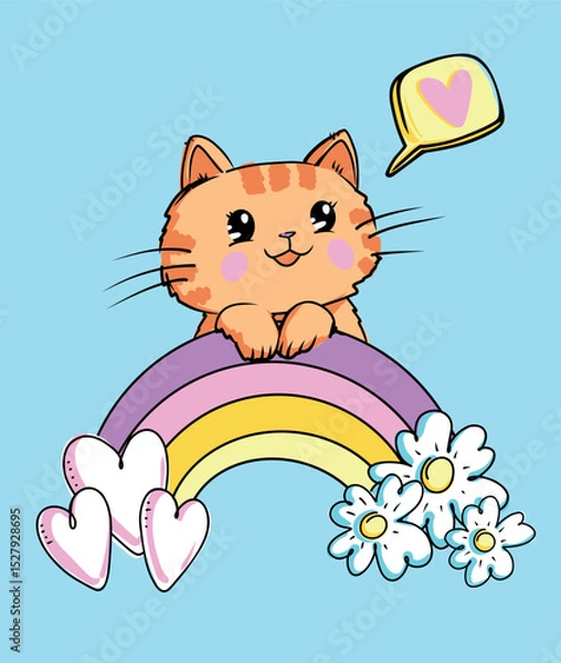 Obraz Cartoon cute kitten on the rainbow with heart and flowers in hand drawn style. Hand drawn vector illustration of cat for children tee, stickers, poster, card. Kitty kids print