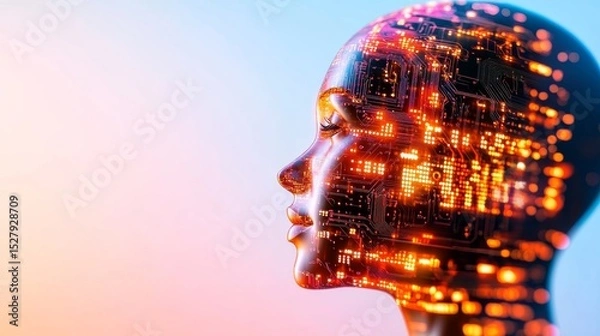 Fototapeta AI Female Portrait: A captivating profile portrait of a female AI, her form composed of glowing circuit boards, hints at the intersection of technology and human-like intelligence.