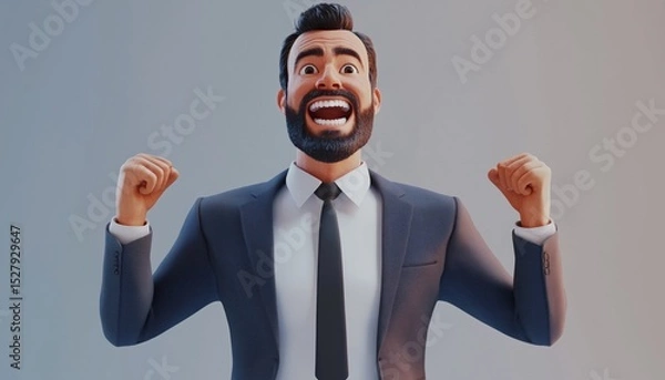 Fototapeta Man In Business Suit Celebrating Victory With A Big Smile And Raised Fists On Gray Background. Experiencing The Thrill Of Business Success