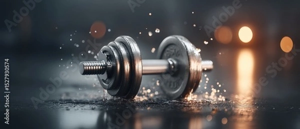 Obraz a wet dumbbell with water splashes, conveying intense workout, strength training, and an active lifestyle. This image embodies fitness, power, and determination.