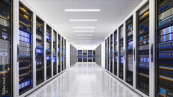 Obraz White storage and processing unit, large AI processing server room, data center storage and network processing room, SSD and hard disk drive storage, and processor cooling system,3D rendering