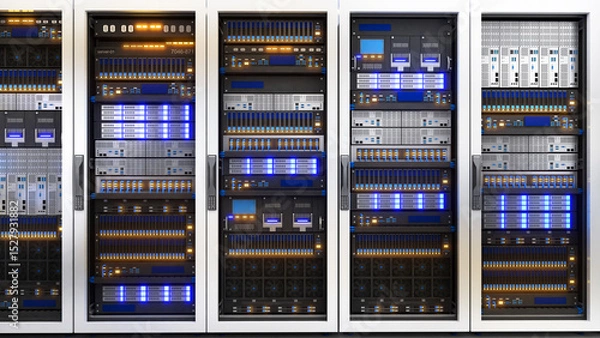 Obraz White storage and processing unit, large AI processing server room, data center storage and network processing room, SSD and hard disk drive storage, and processor cooling system,3D rendering