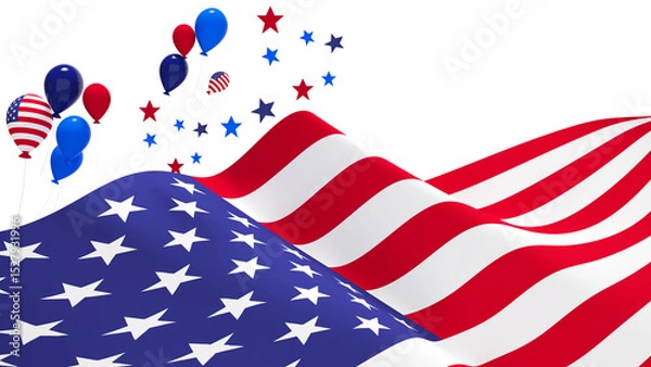 Obraz Flag waving in the wind with USA flag balloon and floating stars on white background. Celebration of US Independence Day, US National Day, 3D rendering.
