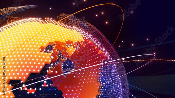 Obraz Digital world technology integrates data communication and network connection systems worldwide. , 3D rendering