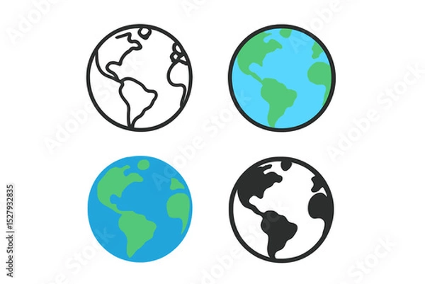 Fototapeta Four globe icons showing Earth in various styles including outline, color, and silhouette, isolated on white