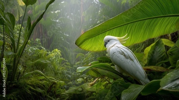 Fototapeta White Cockatoo Under Jungle Rain, Feathers fluffed and crest spread, it shelters gracefully beneath banana leaves during a downpour.