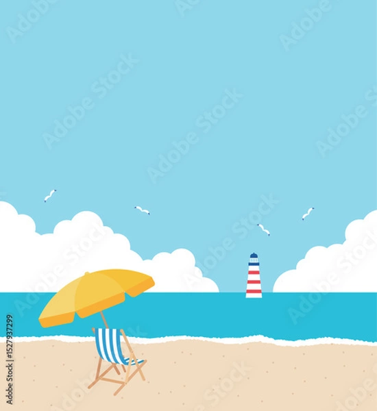Fototapeta Beach scene with parasols and chairs on the sandy beach. A lighthouse stands against the blue sea, and seagulls fly in the cloudy sky. Perfect for summer vacations, coastal recreation, and travel.
