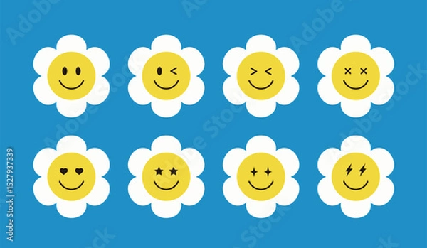 Fototapeta A set of daisy flowers with cute smiley faces. Each flower has an expression including a wink, heart eyes, star eyes, and a happy smile. Perfect for emoticons, stickers, and decoration designs.