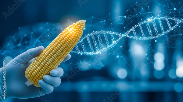 Fototapeta Genetically modified crop and GMO food or engineered agriculture concept using biotechnology and genetic manipulation through biology science as corn shaped in a DNA strand symbol.