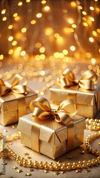 Fototapeta Elegant golden gift boxes adorned with festive ribbons and bows against a warm background of twinkling string lights display
