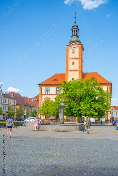 Fototapeta Bright day at Susice where locals and tourists gather around the historic Town Hall, enjoying the lush green tree and vibrant atmosphere of the main square in Czechia.