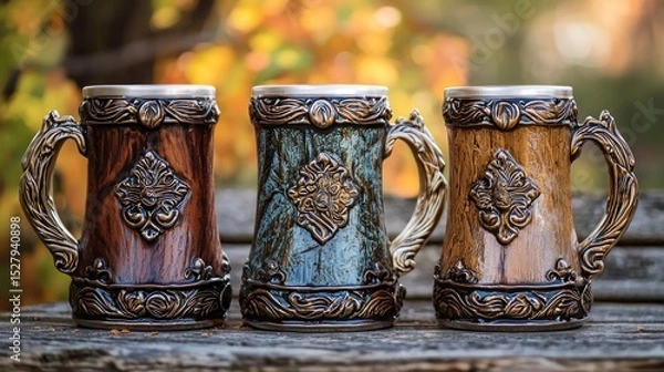 Fototapeta Three ornate ceramic mugs with wooden handles and intricate designs, placed on a wooden table with a blurred autumn background.