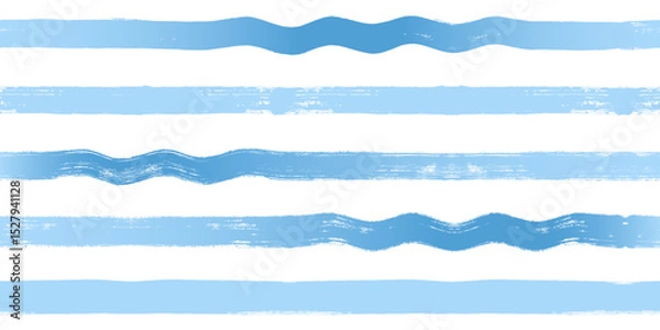 Fototapeta Wave stripes seamless pattern. Hand drawn wavy water lines, ocean vector print, textured paint lines with waves, blue watercolor background