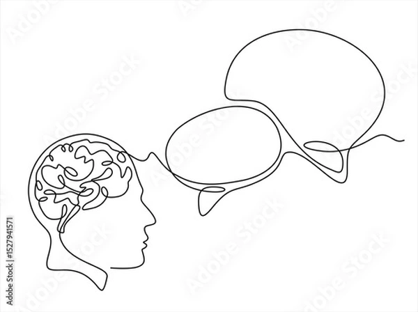 Obraz Continuous line drawing of head of a man with speech bubble is drawn by a single black line on a white background. Hand drawn one line vector. Editable stroke	