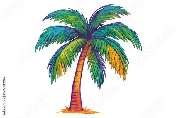 Fototapeta Isolated illustration of colorful palm tree trunk and fronds on white background