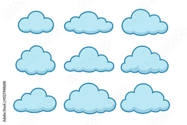 Fototapeta Collection of different cloud shapes in vector format, light blue outlined illustration isolated